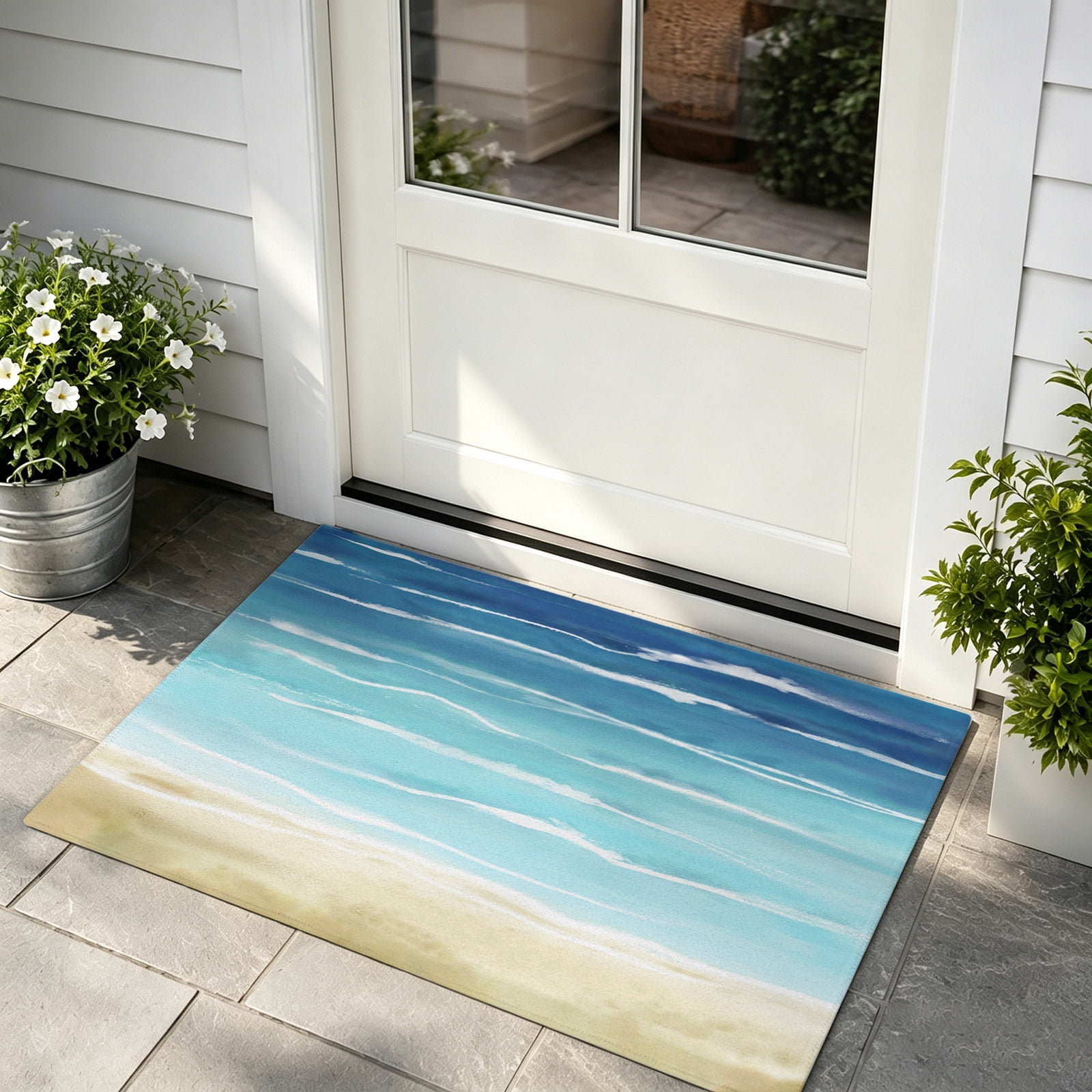 Front Door Mat Indoor Outdoor Entrance Blue Beige Ombre Low Profile Doormats Non-Slip Backing Coastal Nautical Summer Beach Wave Absorbent Welcome Mat for Entryway Hallway 16 x24