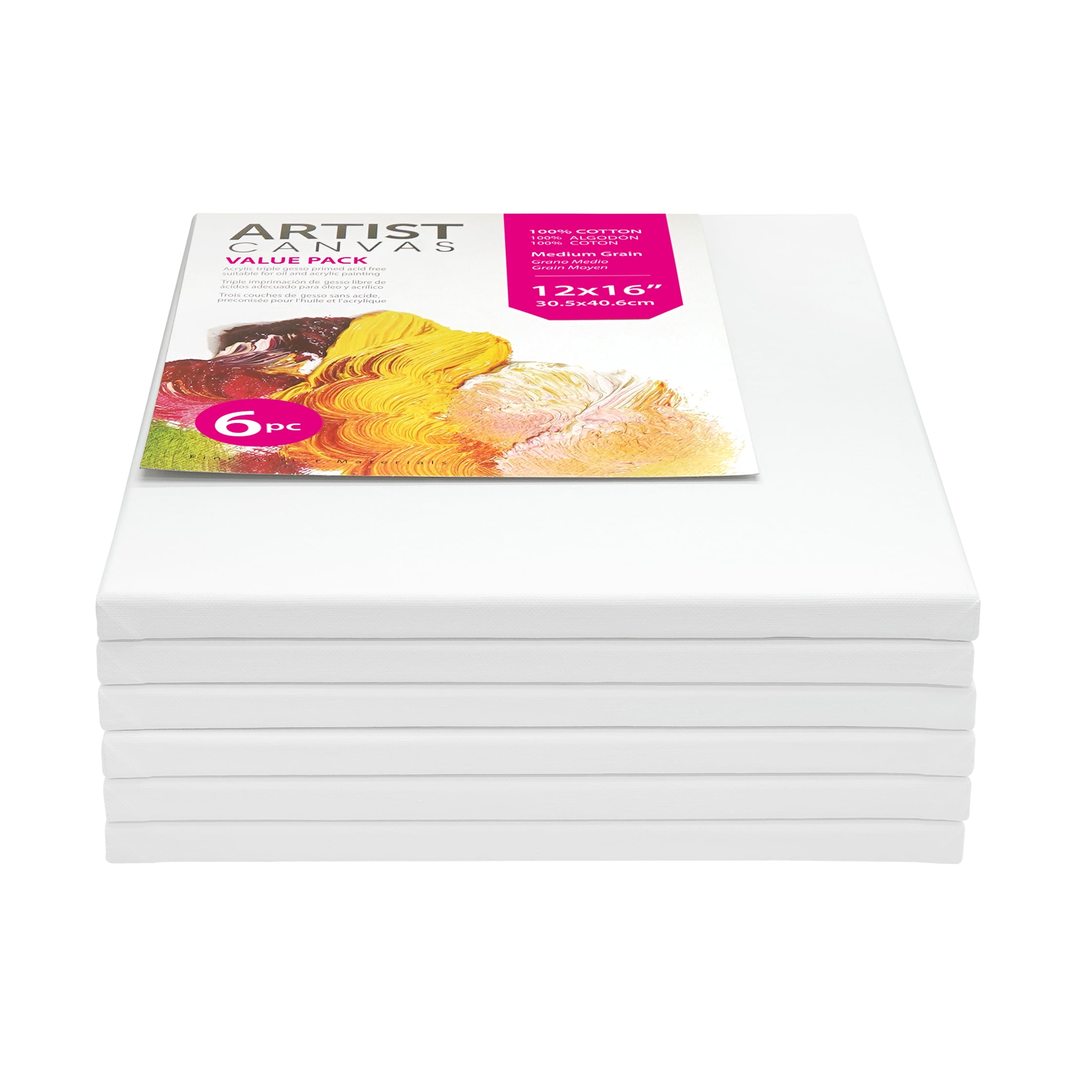 (2 pack) Studio Stretched Canvas, 100% Cotton Acid Free White Canvas, 12"X16", 6 Pieces, Academic Canvas, Great Chioce for Beginners and Hobbyists of All Skill Levels.