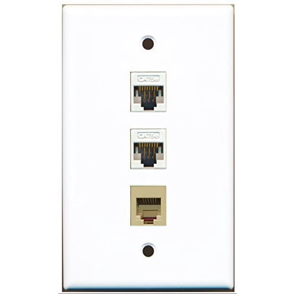 RiteAV - 1 Port Phone RJ11 RJ12 Beige 2 Port Cat5e Ethernet White Wall Plate