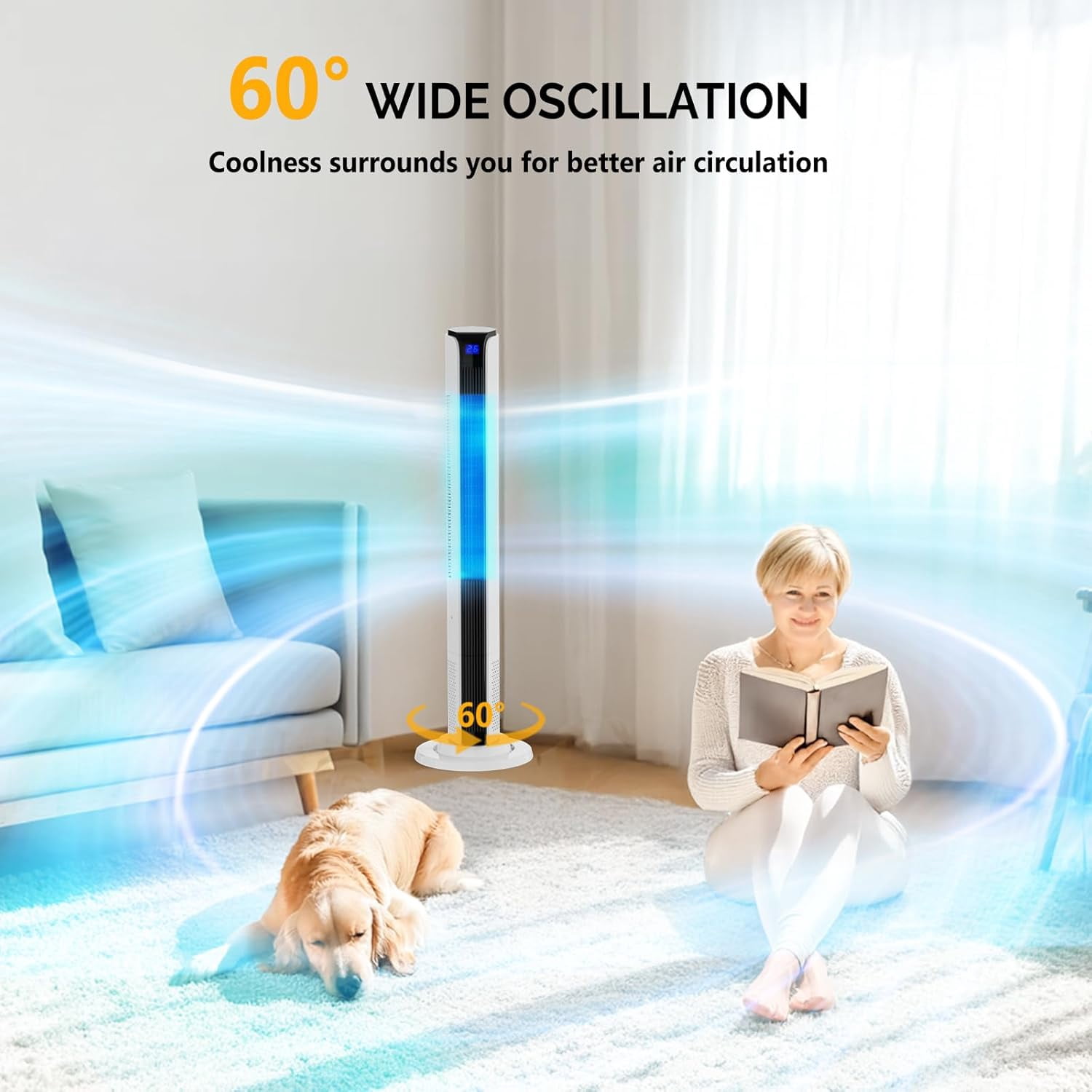 VINGLI 42" Tower Fan with APP & Remote Control, Smart Floor Fan with 3 Modes 3 Speeds & Digital Display, Bladeless Standing Fan with Oscillating, 12H Timer, Quiet Fan for Cooling Bedroom, Home, Office