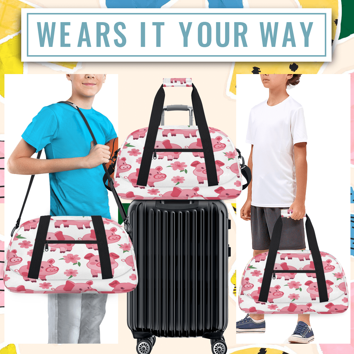 Herdesigns Pig Sports Duffle Bag for Women & Men, Pink Gym Bag Dance Bag Overnight Bag Carry On Weekender Travel Bag