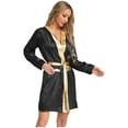 thumbnail image 2 of Choomomo Women's Satiny Wrestler Gear Fight Boxing Robe Long Sleeve Hooded Robe Loose Kimono with Belt Black 16, 2 of 6
