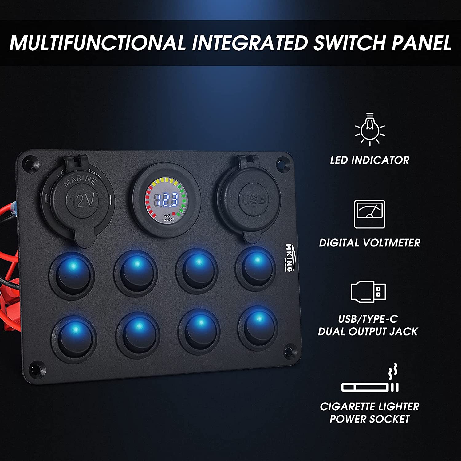 MKING Waterproof Rocker Switch Panel,Multi-Function Gang Switch Panel,Marine  Switch Panel with 12V Voltmeter, USBType-C and 12 Volt Socket,Aluminum Switch  Panel for RV Boat Truck.