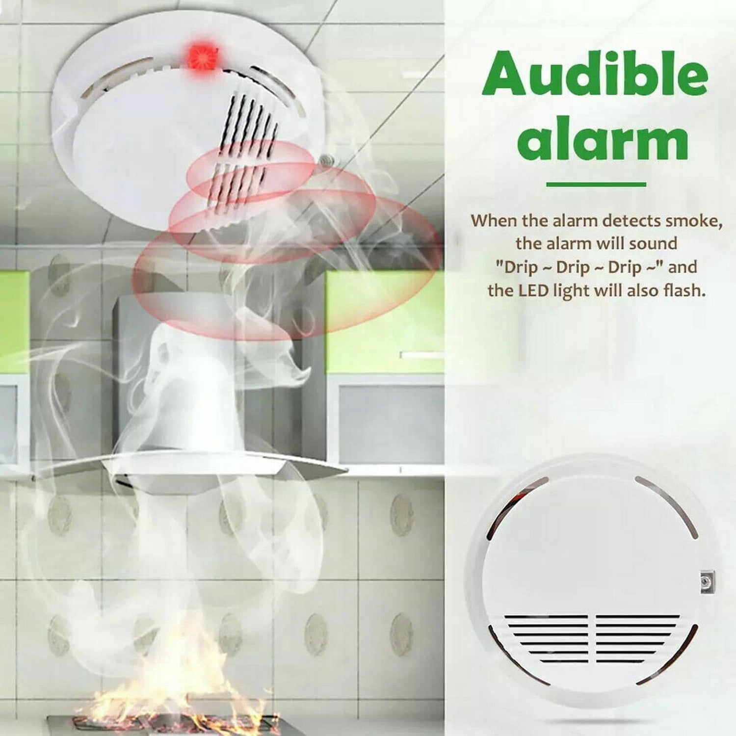 General Purpose Smoke Detector Alarm, Photoelectric Sensor Smoke Alarm with Test Button, Battery-Powered Fire Alarm for Home Office Hotel School Storehouse