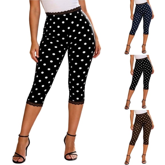 Women's Polka Dot Capri Pants, High Waist Stretchy Slim Fit Fabric, Daily Layering Casual Summer | TruHer,Black L