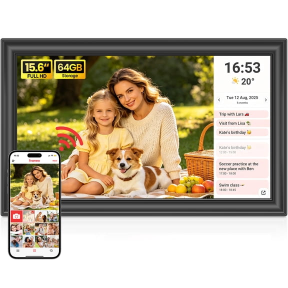 Frameo WiFi Digital Photo Frames 15.6” 64GB Electronic picture Frame 1920 x 1080 IPS HD Touch Screen, Auto-Rotate, instant Share Videos Photos via Frameo App anywhere,Best gift for Parents