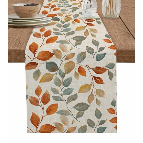 Table Runner Dresser Scarf 13 x 90 Inch Spring Fall Leaf Orange Watercolor Leaves Linen Background Table Runners Non-Slip Heat Kitchen Dining Table Decor for Indoor Outdoor Home Party Decoration