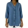 thumbnail image 1 of Tops de Verano de Mujer con Mangas Casual Faux Denim Cuello en V Ruffled Tres Cuartos de Manga Blusa, Ligero Y Cómodo para el Uso Diario, 1 of 5