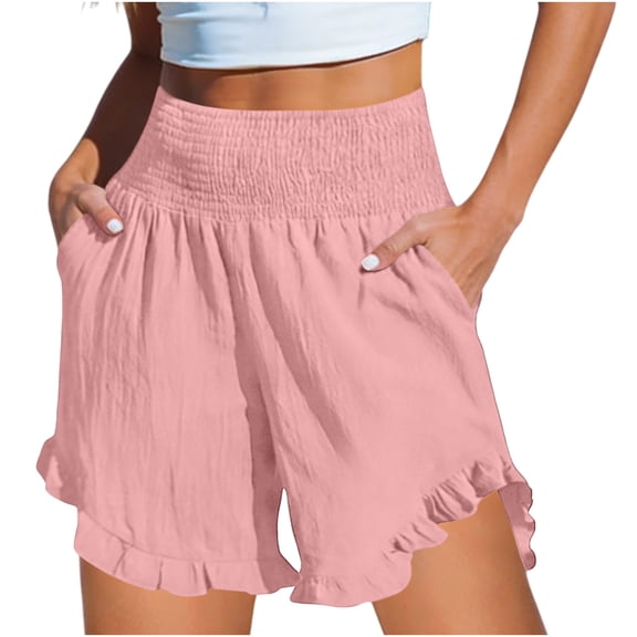 yillto Shorts for Women Summer Beach Vacation Clothes High Elastic Waist Ruffle Shorts with Pockets