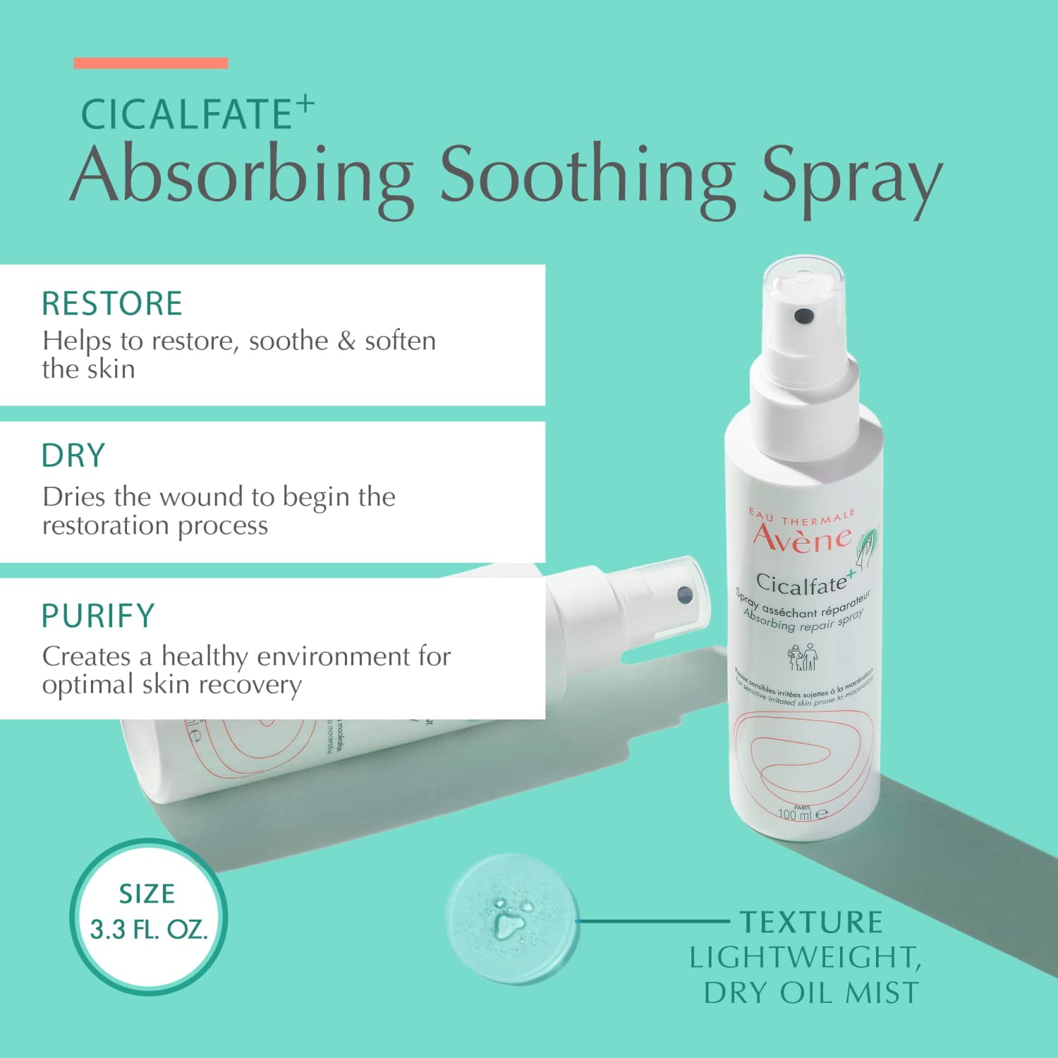 Avene Cicalfate+ Absorbing Soothing Spray - For Dry & Irritated Skin - Helps Restore Skin Barrier, 3.3 fl oz
