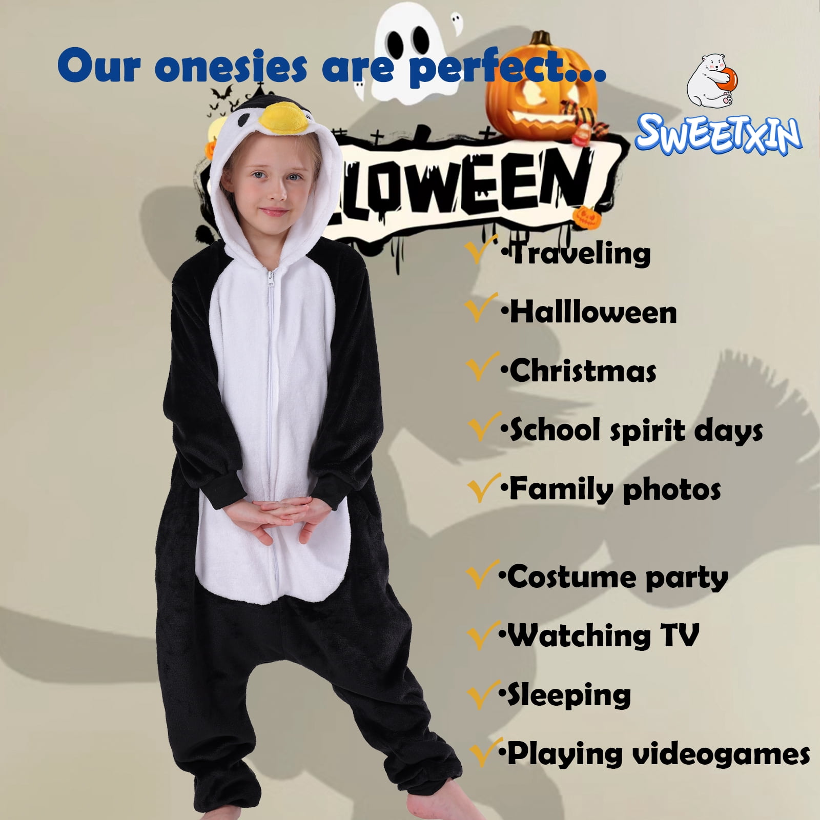SWEETXIN Kids Penguin Onesie Pajamas Halloween Plush Costume Sleepwear Christmas Gift for Girls Boys Jumpsuit 6Years