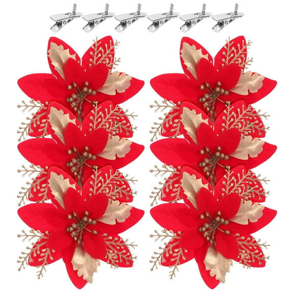 NIAIZEK 6Pcs Reusable Artificial Poinsettia Christmas Flower Brooch Clips Holiday Tree Decor