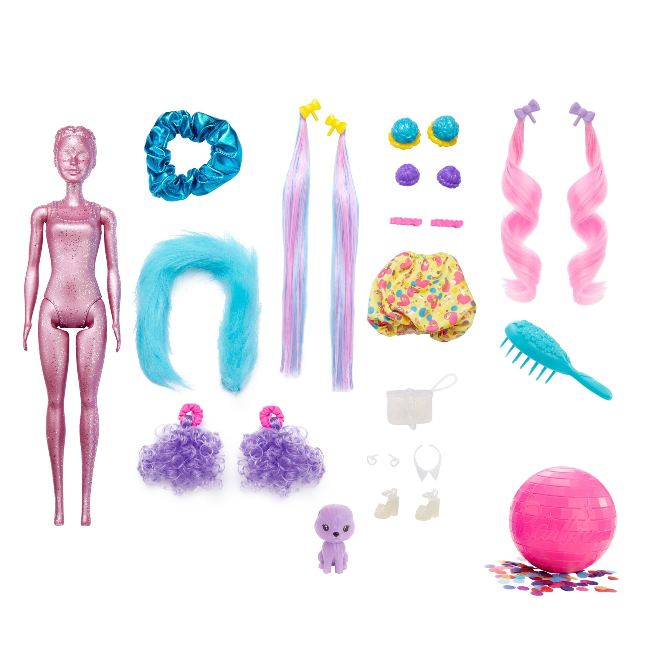 Barbie Color Reveal Glitter Hair Swaps Doll, Glittery Pink with 25 Hairstyling & Party-Themed Surprises Including 10 Plug-In Hair Pieces, Gift for Kids 3 Years Old & Up