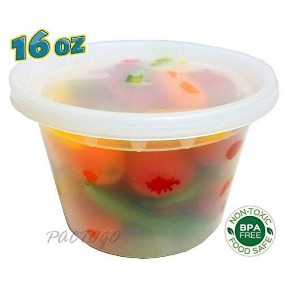 PCM 16 oz. Heavy Duty Round Deli Food Soup Plastic Container w/Lid 100% BPA Free (Pack of 48 Sets)