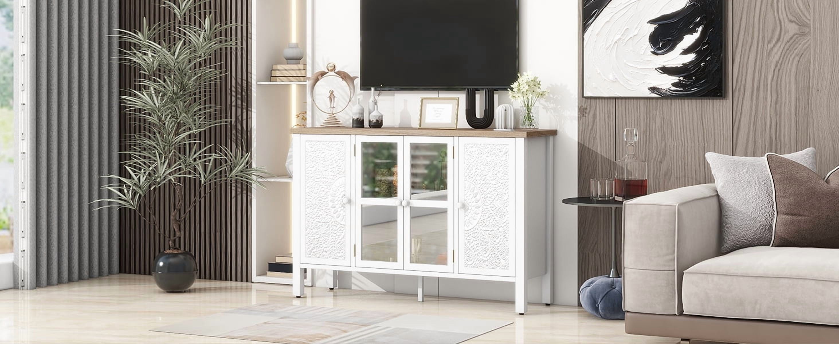 Euroco 47.2'' Retro TV Stand for TVs up to 43 Inches, Entertainment Center Media Console Cabinet with 3 Spacious Cabinets, Glass Cabinet Doors and Anti-tip Device for Living room