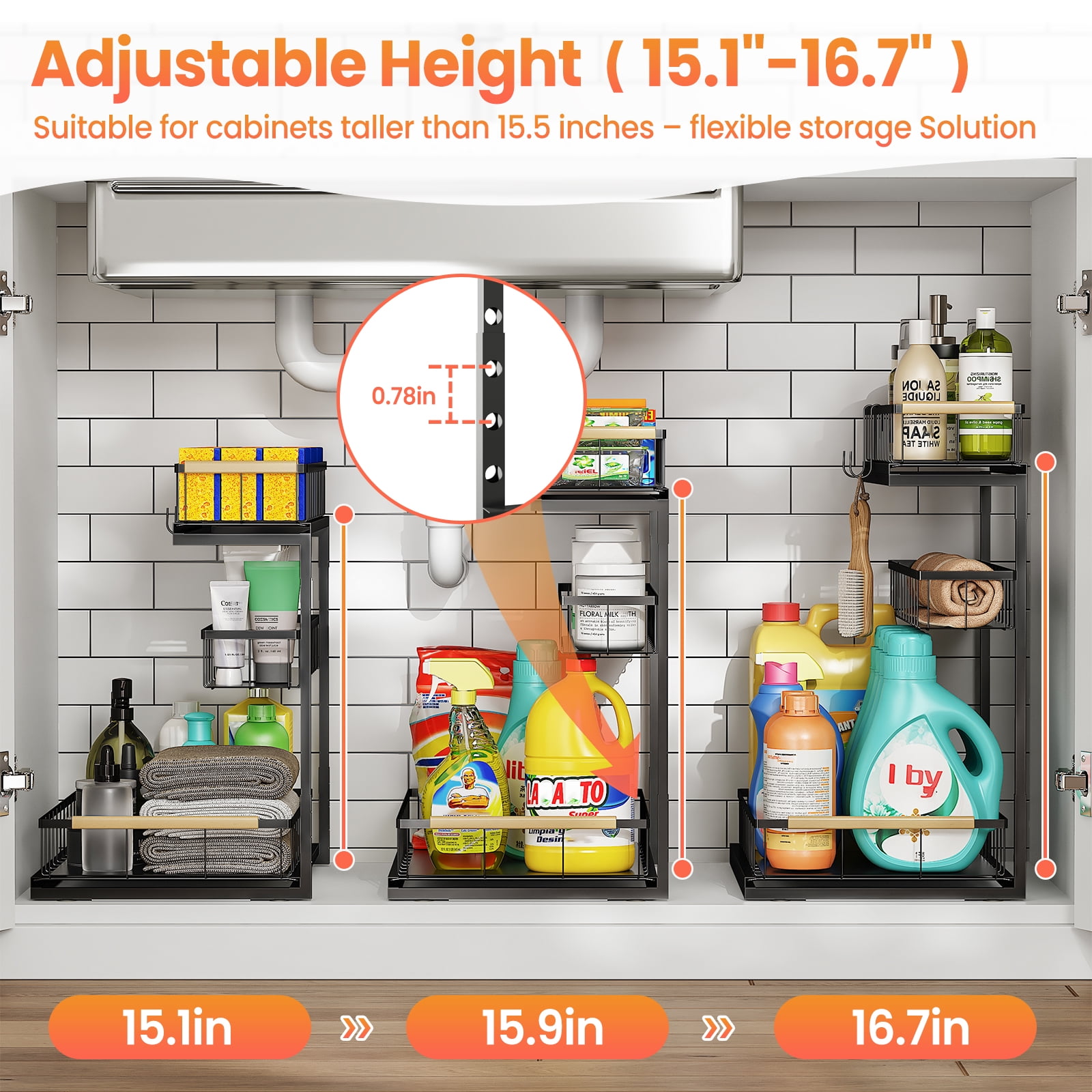 Alow Under Sink Organizer and Storage for Bathroom and Kitchen - 2 Pack Pull Out Under Cabinet Shelf Organizers - 3 Tier Sliding Out Drawer Organization for Home Cabinets Shelves and Drawers
