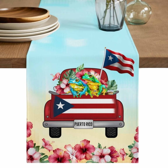 Table Runner 36 Inches Long for Kitchen Dining, Puerto Rican Flag Dresser Scarf Farmhouse, Dining Table Decorations for Wedding/Parties, Vintage Country Truck Flowers Blue Beige 13 x 36 In