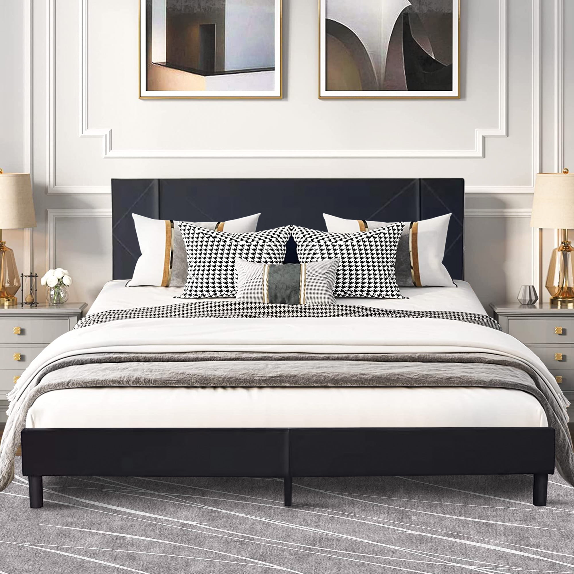 SYNGAR Black Velvet Queen Size Bed Frame with Elegant Headboard