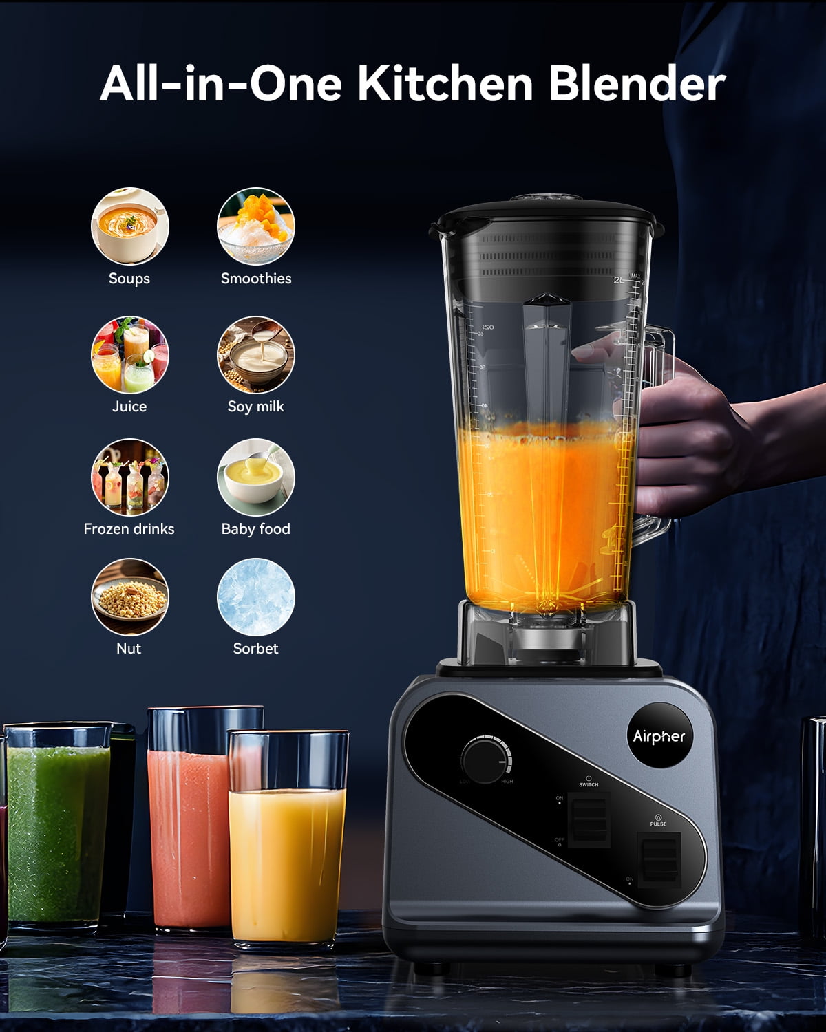 Hewcham Smoothie Blender for Home, 2000W High-Power Blender with 68 fl oz Pitcher, Ice Crushing & Safety Lock