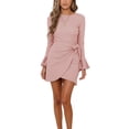 thumbnail image 3 of Flared Long Sleeve Bow Belted Dress Round Neck Slim Fit Bycon Waffle Knit High Waist Midi Dress for Party Pink M, 3 of 6