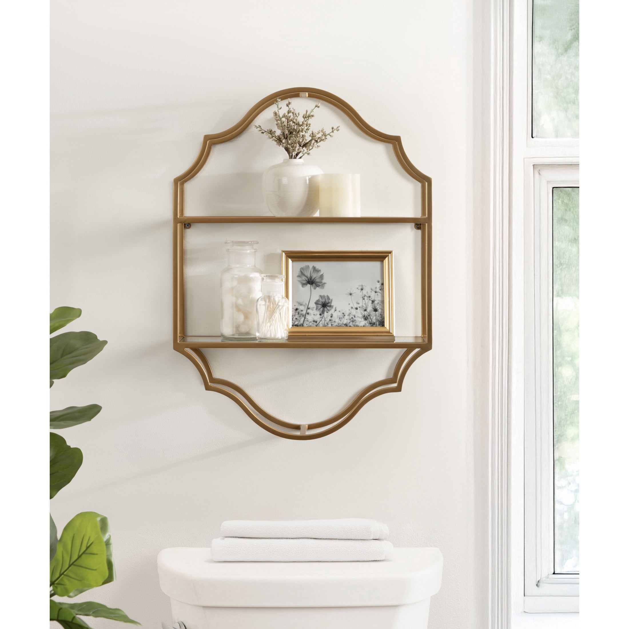 Kate and Laurel Leanna Scalloped Two-Tiered Wall Shelf, 18 x 6 x 24, Gold, Decorative Floating Shelf Storage and Wall Organizer for Bathroom Over Toilet Storage or Display