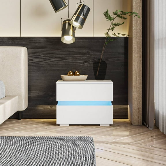 UBesGoo LED Nightstand With 2 Drawers,High Gloss End Table,Side Bedside For Living Room,Bedroom,White