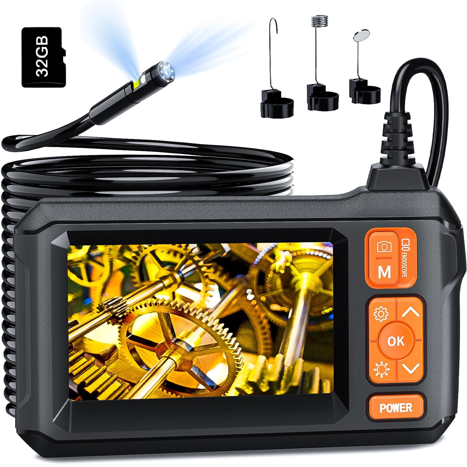 Daxiongmao IP67 Waterproof 16.5ft Endoscope Camera with Light, 1080P HD Dual Lens Borescope with 32G Storage Card, Borescope Camera with Light, Gadgets for Men(4.3")