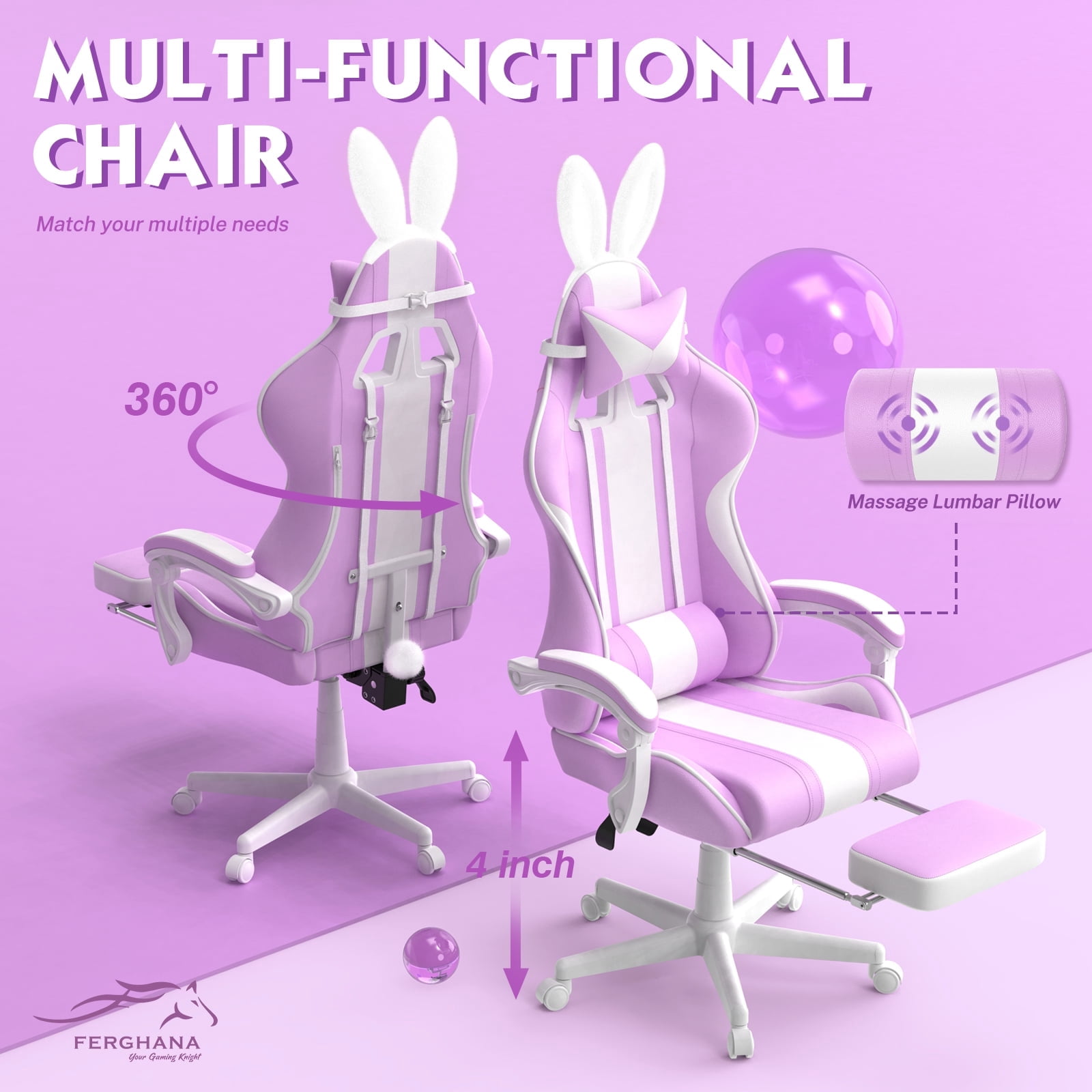SOONTRANS Purple Gaming Chair, High Back Gamer Chair with Footrest for Adult Girl, Reclining Adjustable Game Office Chairs Massage Pillows