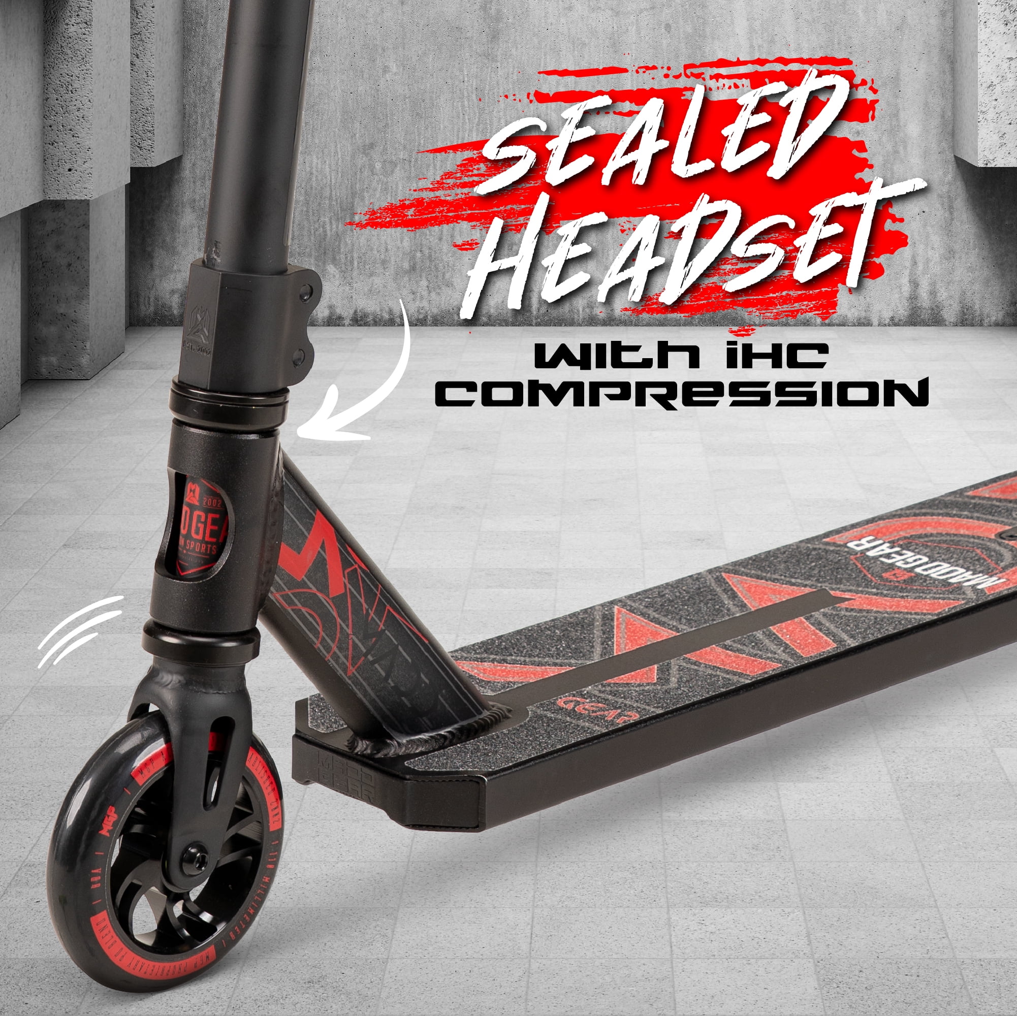 Kids & Teens Pro Stunt Scooter Ages 8–13 – Beginner Freestyle Trick Scooter, 32" Fixed Height, 110 mm Alloy Core Wheels, Black/Red – Madd Gear Carve Elite, For Ages 8 Years and Up