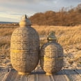 thumbnail image 3 of Moroccan Metal Temple Lanterns, Luxury Floor Hurricanes, Set of 2, For LED or Wax Candles, Sealed Iron, Antiqued Patina, Hinged Top, 25.5 and 17.75 Inches Tall, Global Chic Collection, 3 of 13