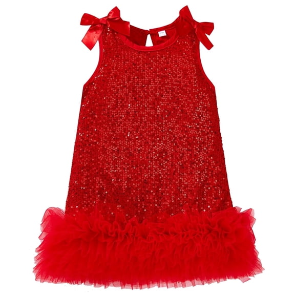 Girls Dresses Summer Outfits Toddler Ribbon Bow Sleeveless Shift Glitter Birthday Party Tulle Trim Ruffle Princess A-Line Kids Formal Champagne Dress 2-3T