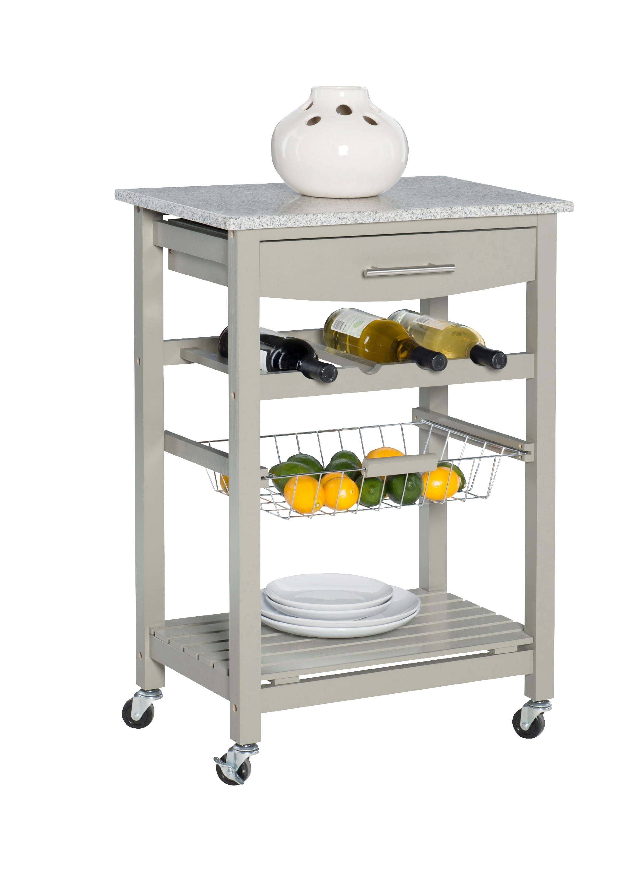 Linon Neyrey Mobile Kitchen Island, Gray Finish with Gray and White Speckled Granite Top