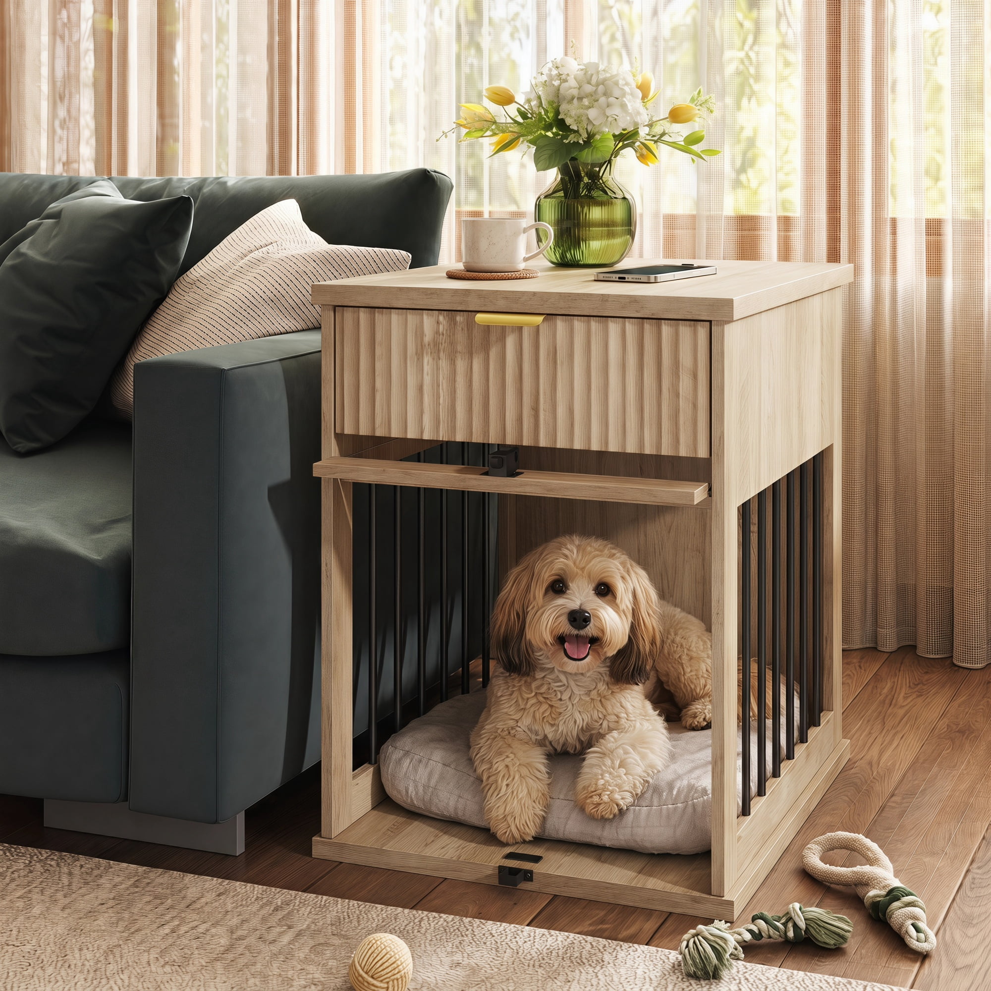 Leumius Dog Crate End Table with Charging Station,Wooden Dog Kennel Furniture with Hideaway Tempered Glass Door, Multi-Functional Pet Station Side Table,Grey