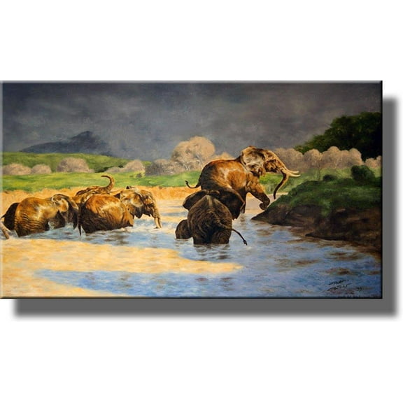 African Elephants Picture by Kuhnert on Stretched Canvas, Wall Art Décor, Ready to Hang!
