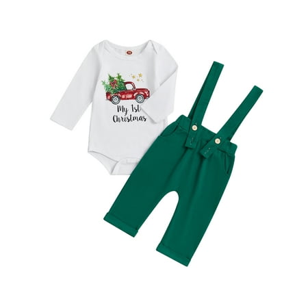 

Licupiee Baby Christmas Outfit Letters Print Romper with Overall Pants