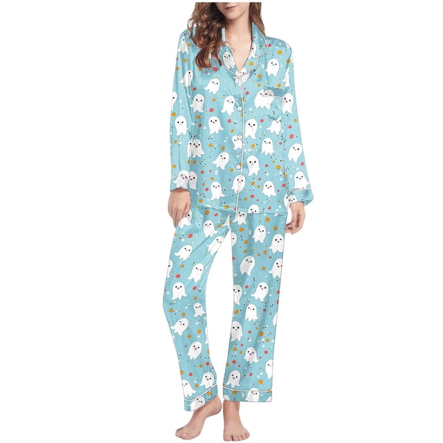 YABCSAZ Ensemble de Pyjamas en Coton Automne & Hiver pour Femmes, Mode Décontractée d'Halloween à Manches Longues Col Rabattu Ensemble de Pyjama Haut Pantalon Décontracté, Cadeaux de Noël Hiver pour Femmes, en Liquidation!