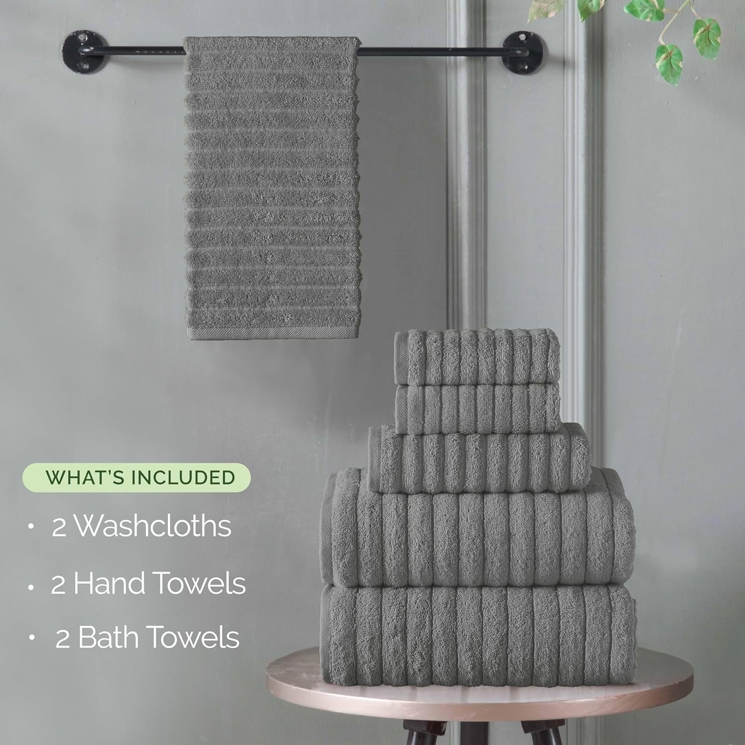 Elegant Comfort 100% Turkish Cotton Corduroy Ribbed Luxury Bath Towels 6-Piece Set, Premium Feel - Quick Dry, Highly Absorbent, Contains 2 Bath Towels, 2 Hand Towels, and 2 Washcloths, Gray