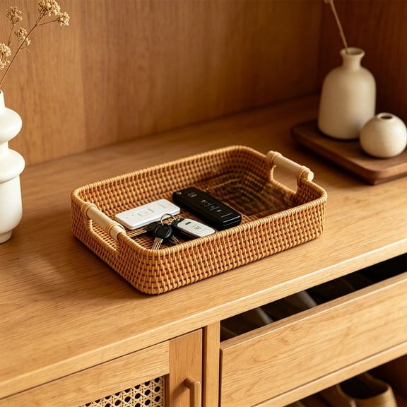 Linnome Rectangular Plastic Woven Serving Tray with Wooden Handles Decorative Rattan Style for Coffee Table Kitchen 11.81x7.87 Inch