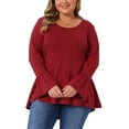 thumbnail image 1 of Blusa de túnica de mujer plus size Agnes Orinda con dobladillo alto-bajo, mangas largas de campana, cuello redondo, top casual acampanado 3X burdeos, 1 of 6