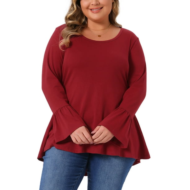 Blusa de túnica de mujer plus size Agnes Orinda con dobladillo alto-bajo, mangas largas de campana, cuello redondo, top casual acampanado 3X burdeos