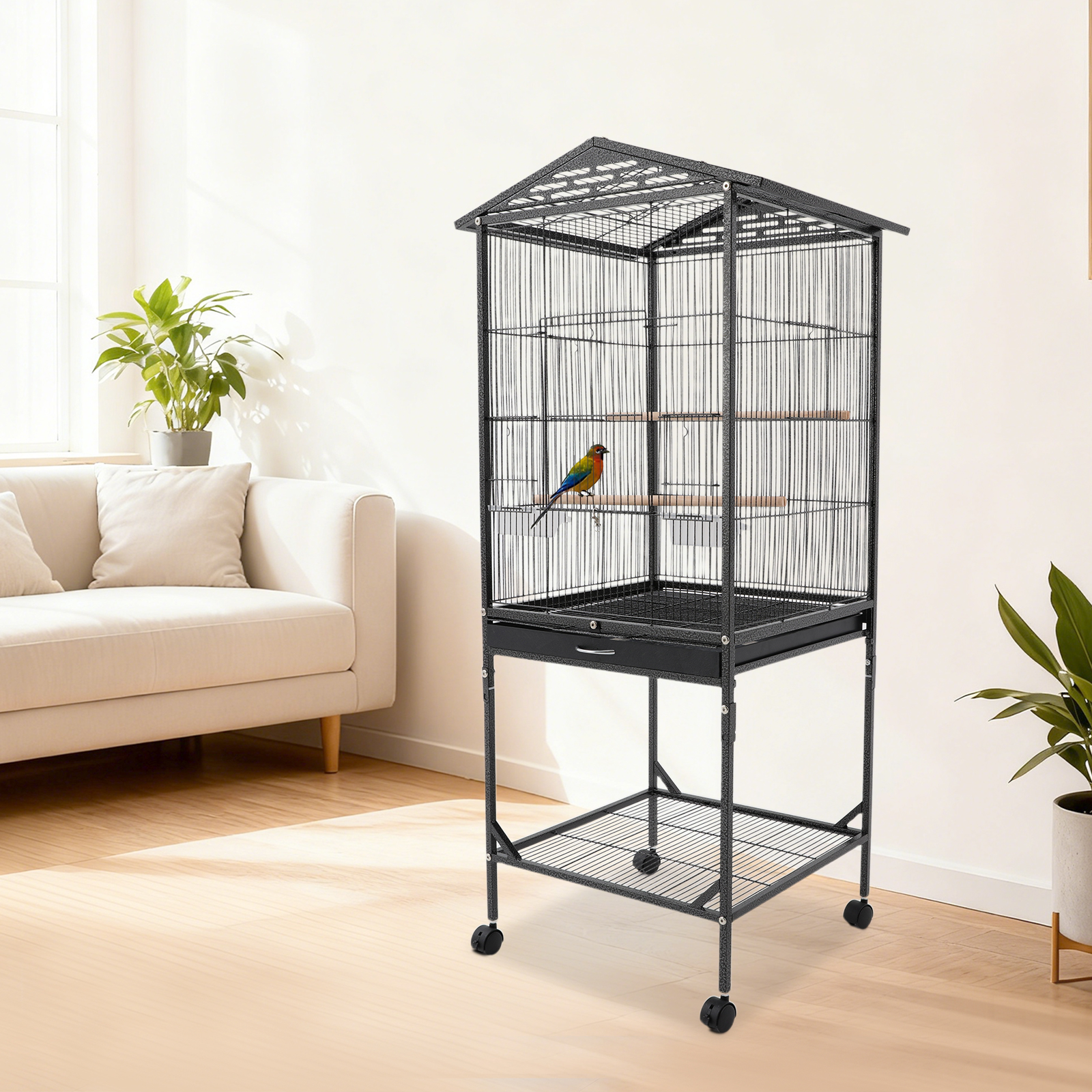 Black Iron 46*46*125cm Metal Birdcage Wheeled Storage Pet Cage Household Open Birdhouse