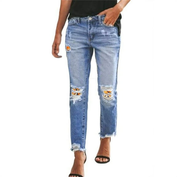 YUEJUIR Women Jeans Women Distressed Hem Washed Boyfriend Jeans Straight Leg Denim Pants Plus Size Jeans Womens Jeans Stretchy (Yellow,L)