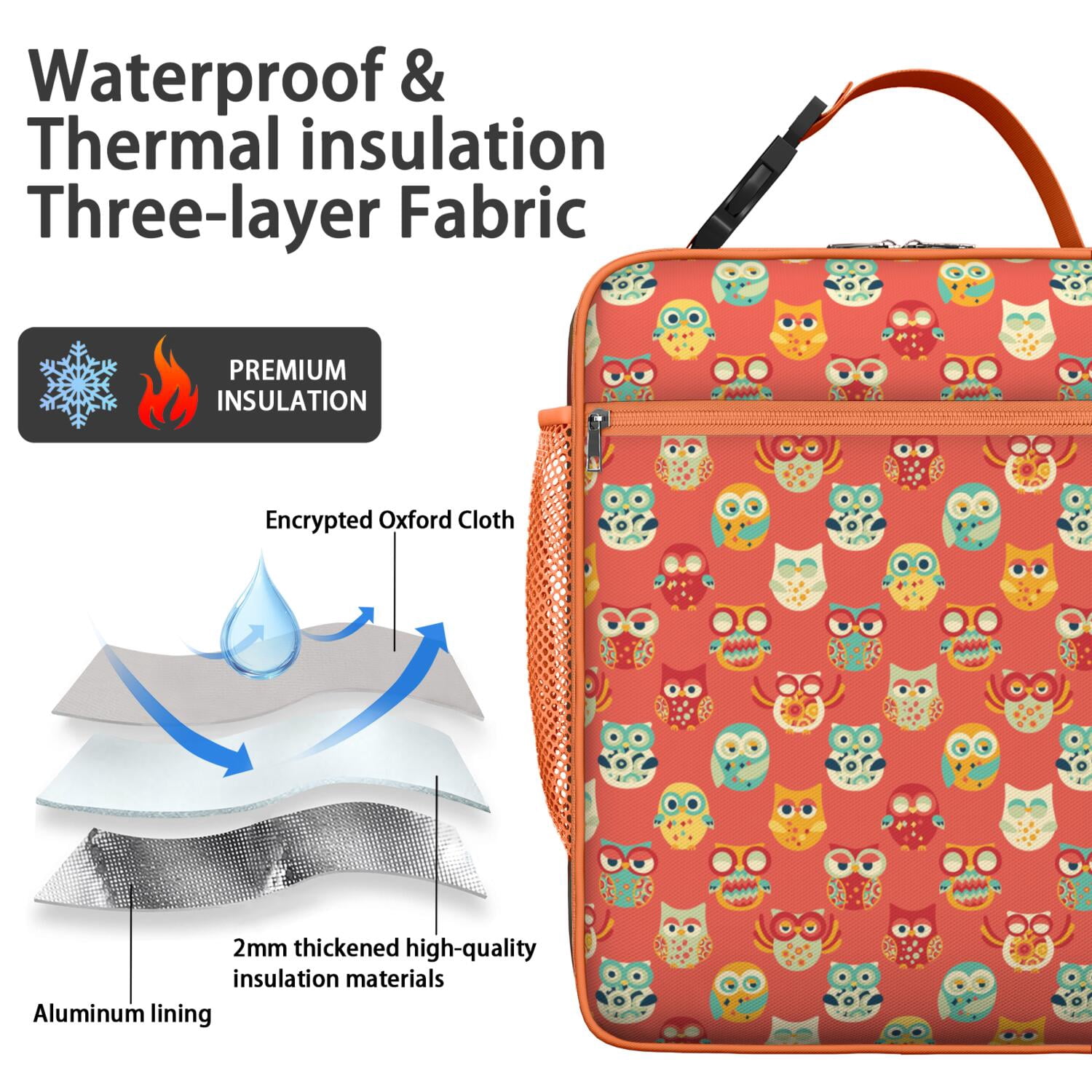 Cute Owl Lunch Bag for Women Men, Hand-Drawn Cartoon Owl with Big Eyes, Colorful Polka Dot and Night Sky Print, Insulated Bento Tote for School, Work, Travel