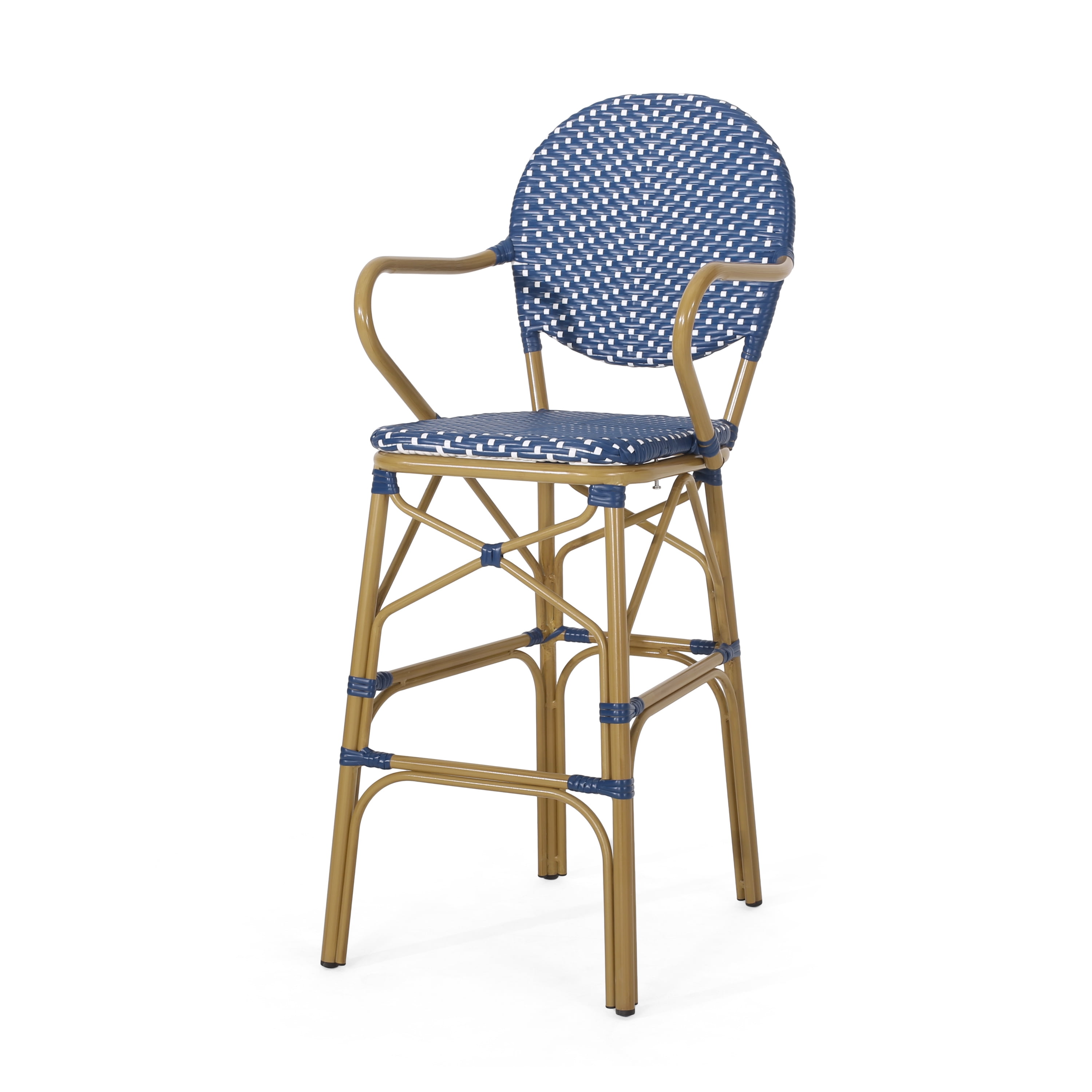 Outdoor Height Bar Stool Set of 2 29.5 Inch, Wicker and Aluminum Combined Frame for Patio Bar, Navy Blue and Bamboo