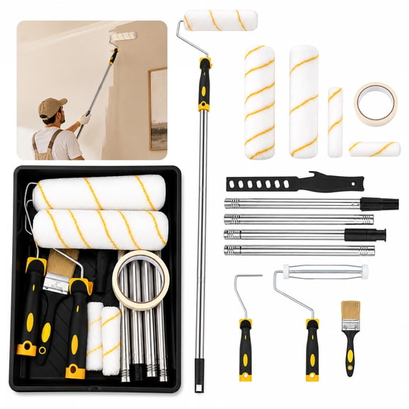 Roller Set for Painting, 9 in & 4 in Paint Roller Kit with 4 Extension Poles, Tray, Brush, Mixer, and Masking Tape for Painting Walls, Ceilings, Cabinets, Doors, Windows