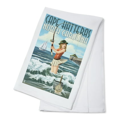 Cape Hatteras, North Carolina - Surf Fishing Pinup Girl - Lantern Press Poster (100% Cotton Kitchen