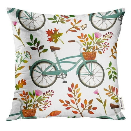 ARHOME Watercolor Pattern with Autumn Leaves Flowers and Vintage Bicycles Hand Repetitive Romantic on White Pillow Case 20x20 Inches Pillowcase
