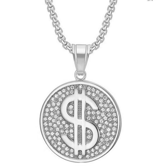 HIJONES Cubic Zirconia Round Money Dollar Necklace for Women Men Stainless Steel Stackable Pendant Jewelry Chain Silver