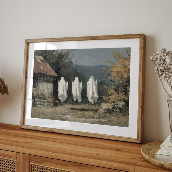 Halloween Ghost Canvas Wall Art Print Ghosts Autumn Laundry Poster Spooky Cottage Fall Painting for Farmhouse Halloween Decor Unframed