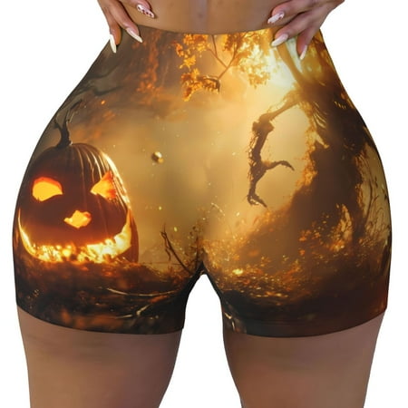 Workout Shorts Women  Halloween Tree Monster Pumpkin Biker Shorts for Women Running Gym Spandex Shorts Tummy Control